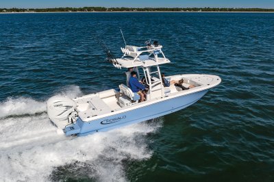 2025 R266 Cayman Sky Deck Running in Ocean Rear Starboard View
